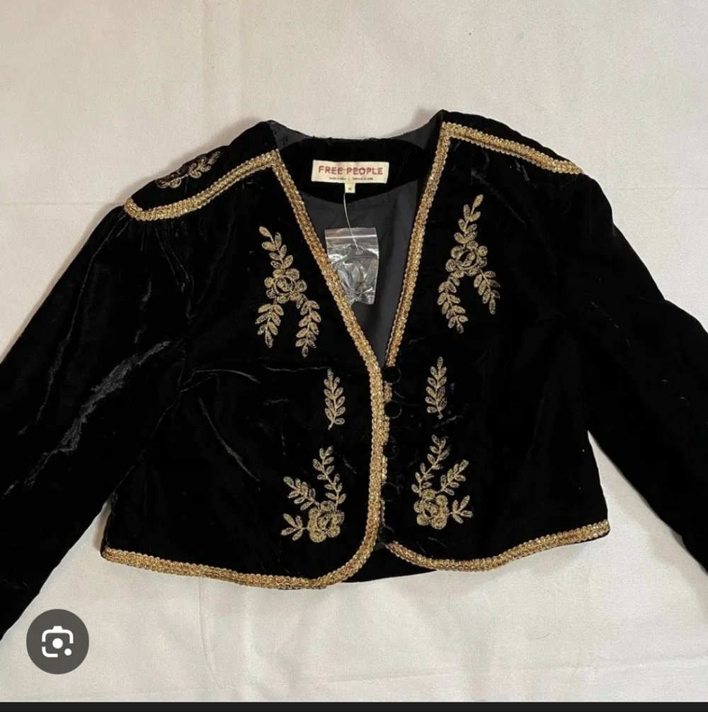Free People Black and Gold Embroidered Velvet Jacket - Picture 3 of 15
